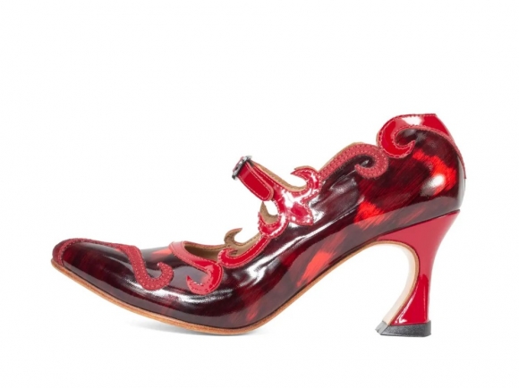 John Fluevog Emmeline - Red/Black | Mary Jane Heels with Appliqué