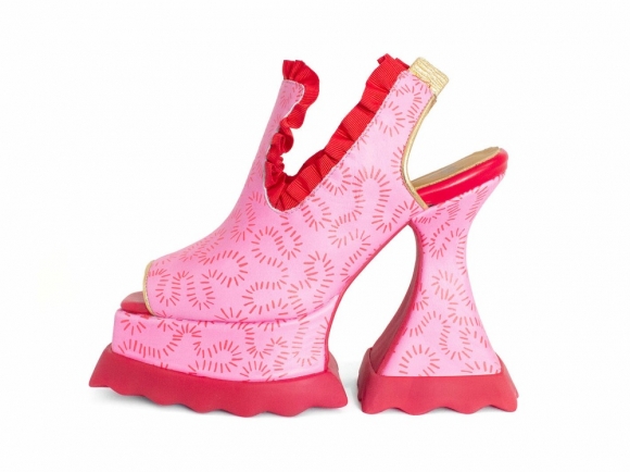 John Fluevog Ruffle Lady Miss - Pink/Red Dash | Platform Slingback Sandals