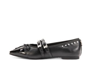 John Fluevog Pina - Black | Double-Strap Flats with Metal Studs
