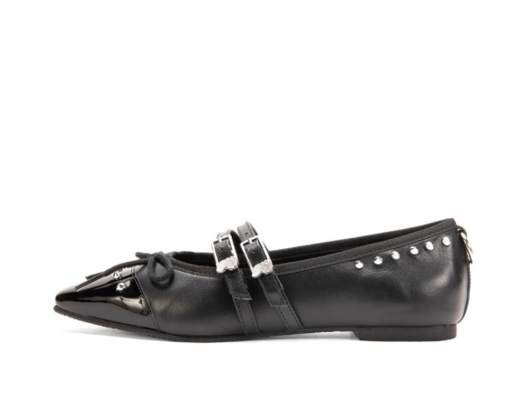 John Fluevog Pina - Black | Double-Strap Flats with Metal Studs