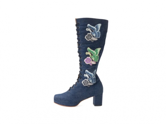 John Fluevog Chrysalis - Blue Denim | Zip-Up Tall Boot with Laces