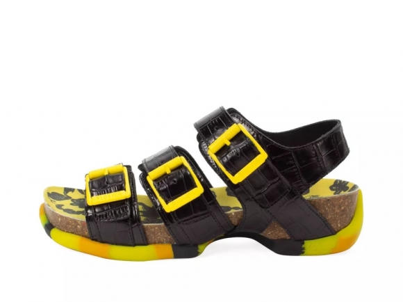 John Fluevog Elsie - Black Yellow | Strappy Buckled Sandals