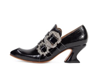 John Fluevog Strozzi - Patent Black Croc | Buckled Loafer Heels
