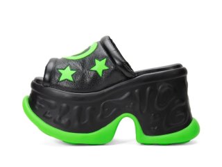 John Fluevog Coreena - Black/Green | Platform Slide Sandals