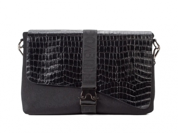 John Fluevog Jude - Black Croc | Sporty crossbody bag with handle