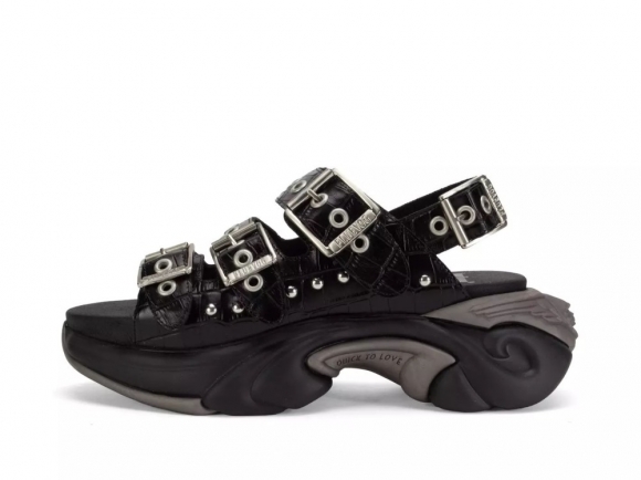 John Fluevog Rebel - Black/Silver | Buckled Sandals with Metal Studs