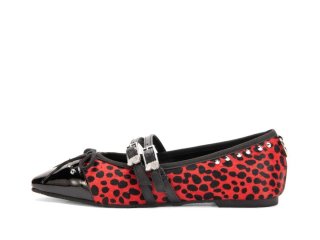 John Fluevog Pina - Red/Black Pony Hair | Double-Strap Flats with Metal Studs