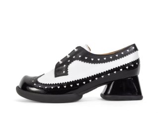 John Fluevog Rosamund - Black/White | Lace-Up Heels with Brogue Hearts
