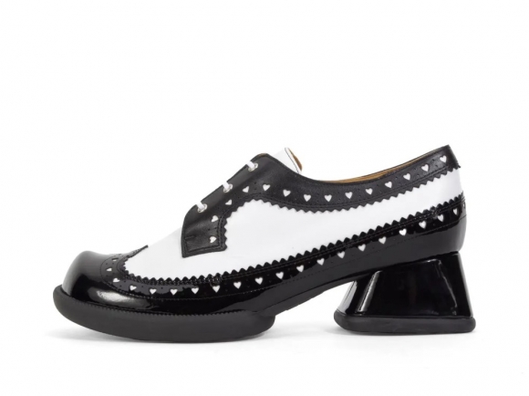 John Fluevog Rosamund - Black/White | Lace-Up Heels with Brogue Hearts