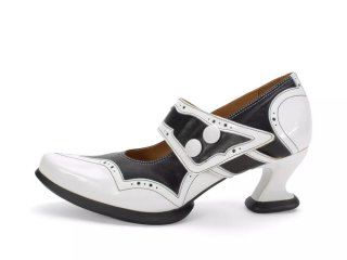 John Fluevog Dorothea - Black/White | Brogue Mary Janes with Flared Strap