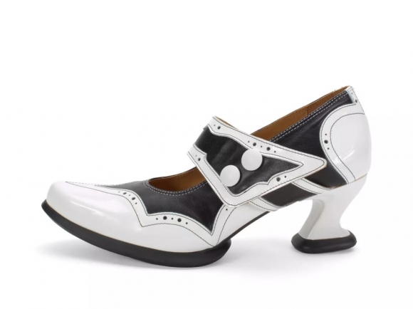 John Fluevog Dorothea - Black/White | Brogue Mary Janes with Flared Strap