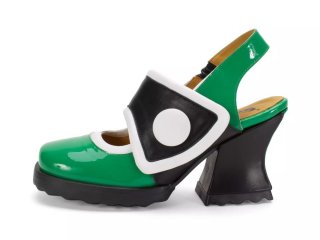John Fluevog Stanica - Green/Black/White | Wide-Strap Slingback Heels