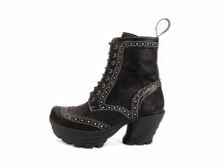 John Fluevog Bebop - Black | Metallic Mid Heel Brogue Boots