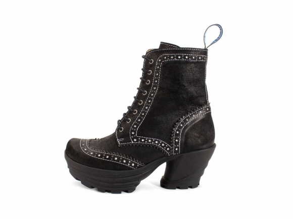 John Fluevog Bebop - Black | Metallic Mid Heel Brogue Boots