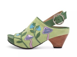 John Fluevog Christy - Light Green/Blue/Brown | Slingback Sandals with Appliqué