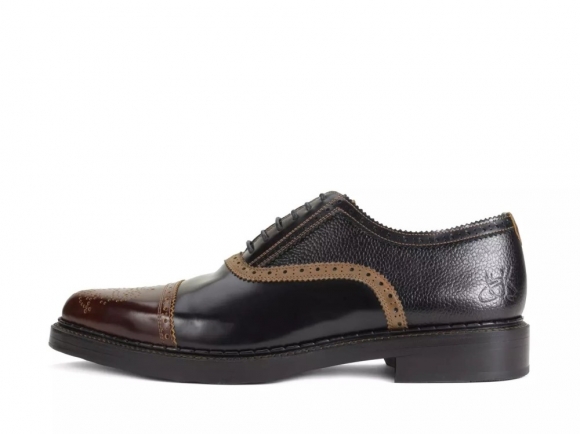 John Fluevog Edda - Black/Brown | Leather Pointed Toe Brogue Oxfords