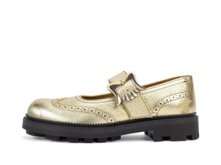 John Fluevog Gillian - Pebbled Gold | Brogue Mary Janes with Buckles