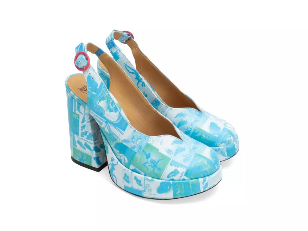John Fluevog Ternura - Newsprint Blue/Green | Slingback Platform Heels
