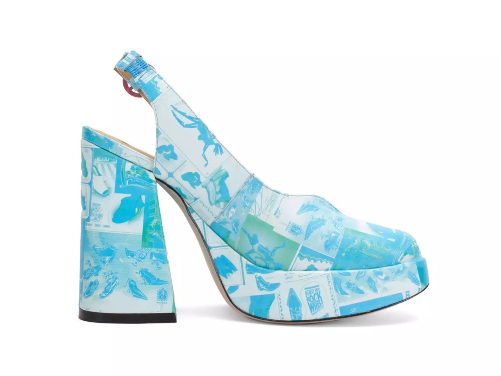 John Fluevog Ternura - Newsprint Blue/Green | Slingback Platform Heels