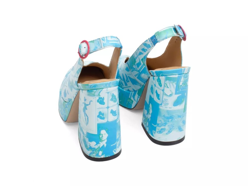 John Fluevog Ternura - Newsprint Blue/Green | Slingback Platform Heels