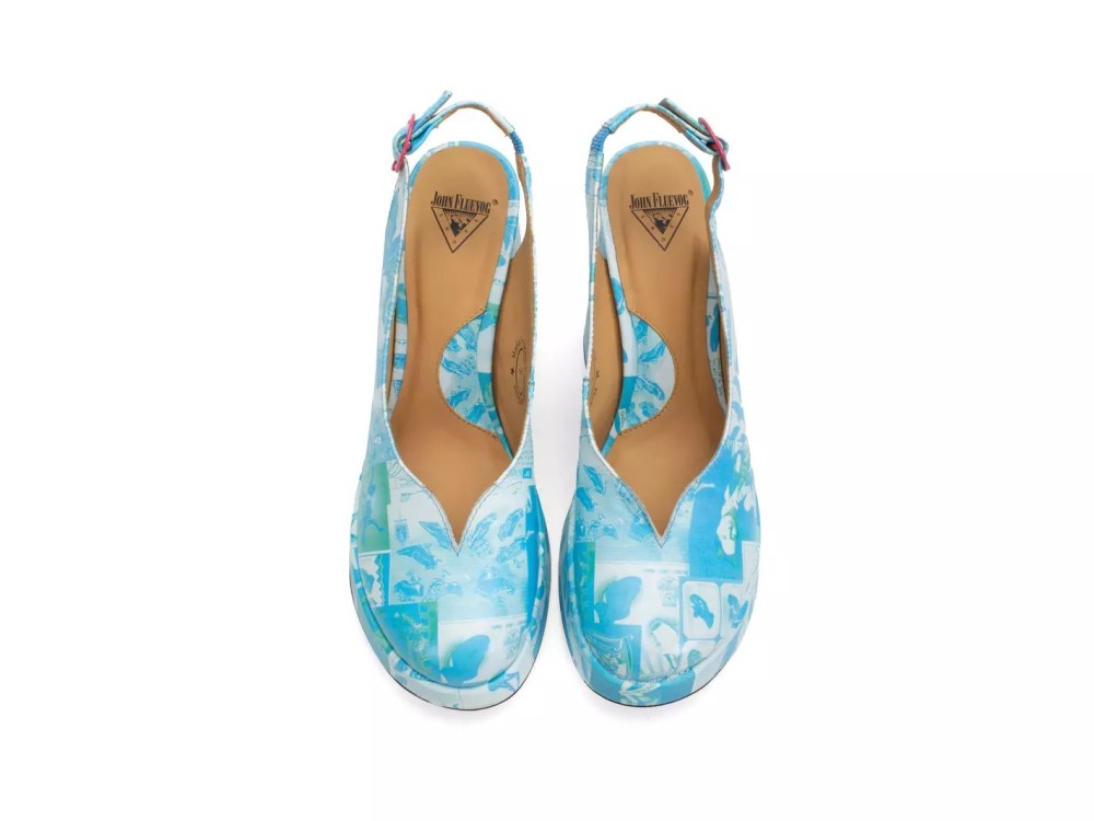 John Fluevog Ternura - Newsprint Blue/Green | Slingback Platform Heels