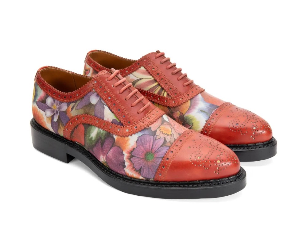 John Fluevog Edda - Brown Floral | Leather Pointed Toe Brogue Oxfords