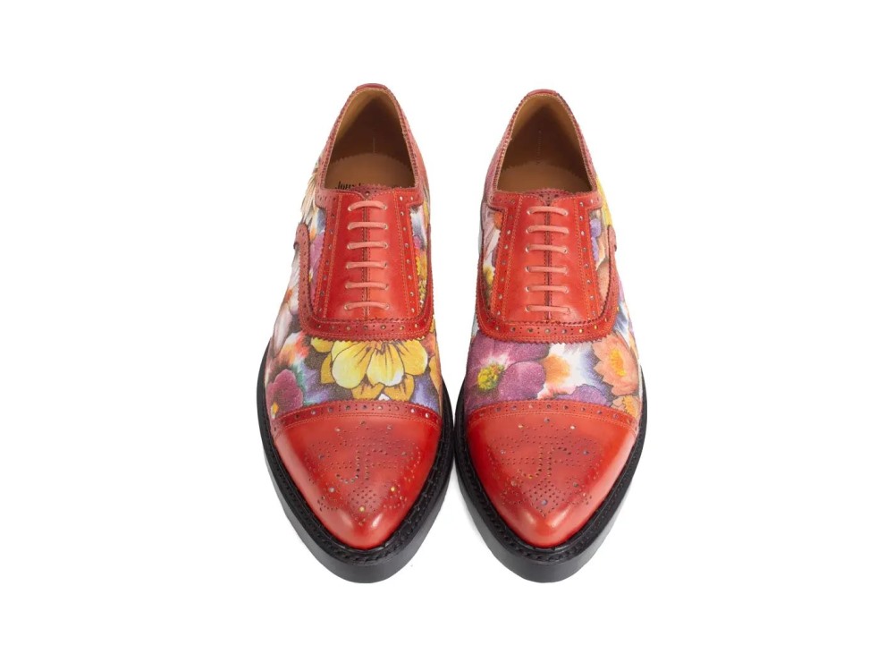 John Fluevog Edda - Brown Floral | Leather Pointed Toe Brogue Oxfords