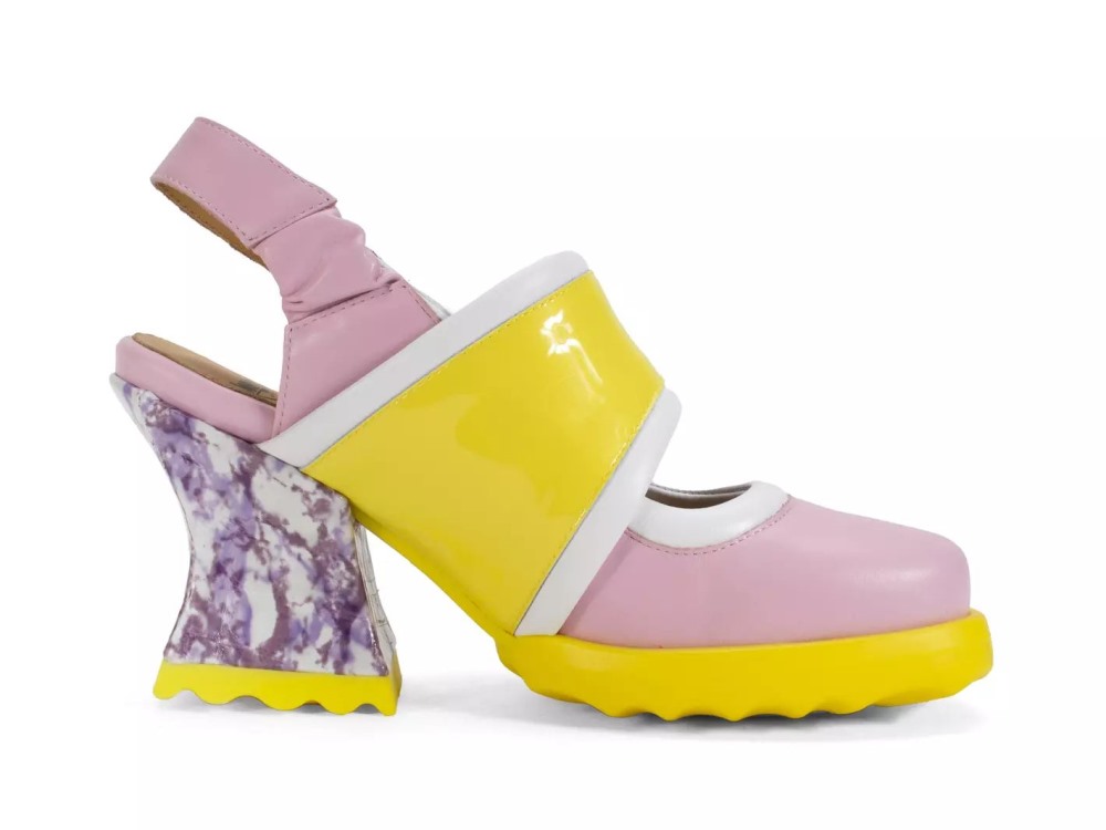John Fluevog Stanica - Purple/Yellow/White | Wide-Strap Slingback Heels