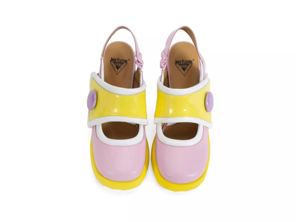 John Fluevog Stanica - Purple/Yellow/White | Wide-Strap Slingback Heels