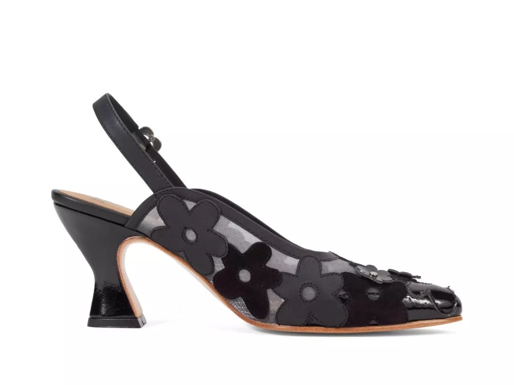John Fluevog Kiernan - Black | Mesh Slingback Heels with Appliqué