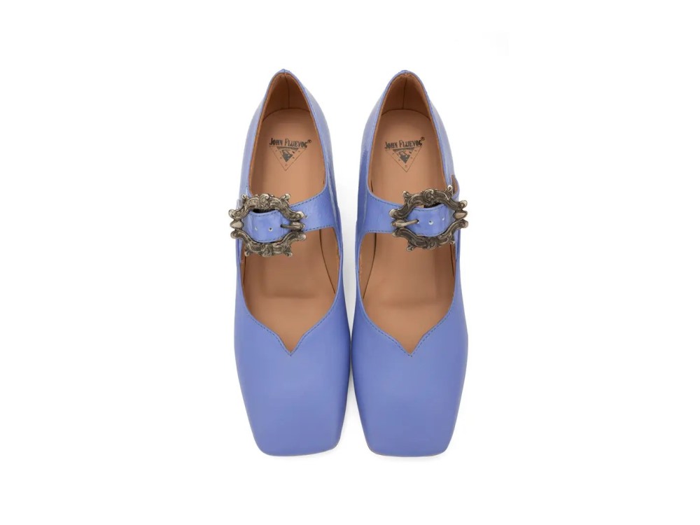 John Fluevog Bev - Blue Emboss | Mary Jane Heels