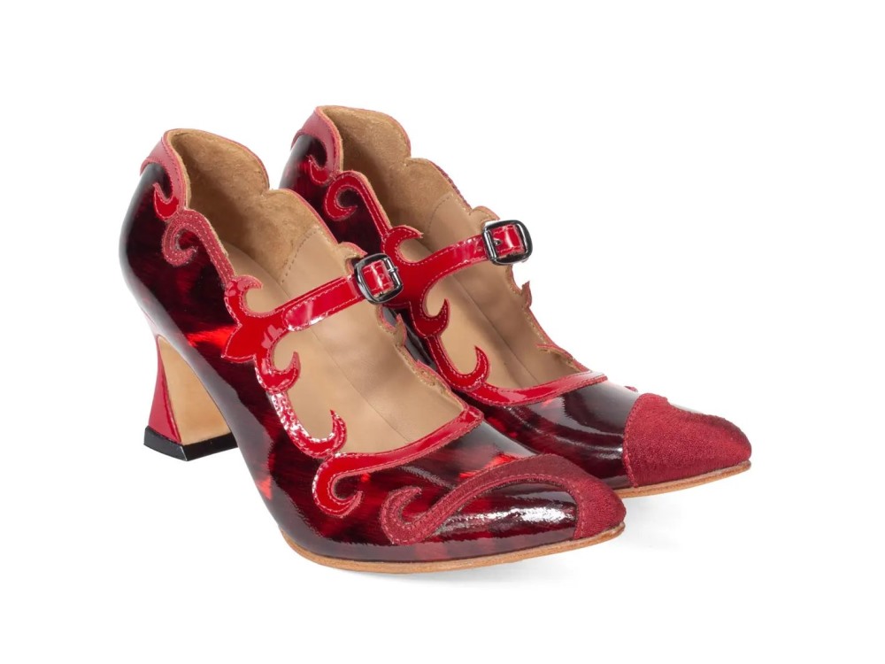 John Fluevog Emmeline - Red/Black | Mary Jane Heels with Appliqué