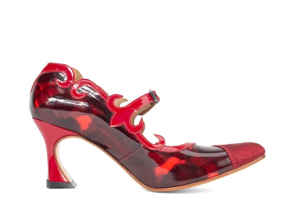 John Fluevog Emmeline - Red/Black | Mary Jane Heels with Appliqué