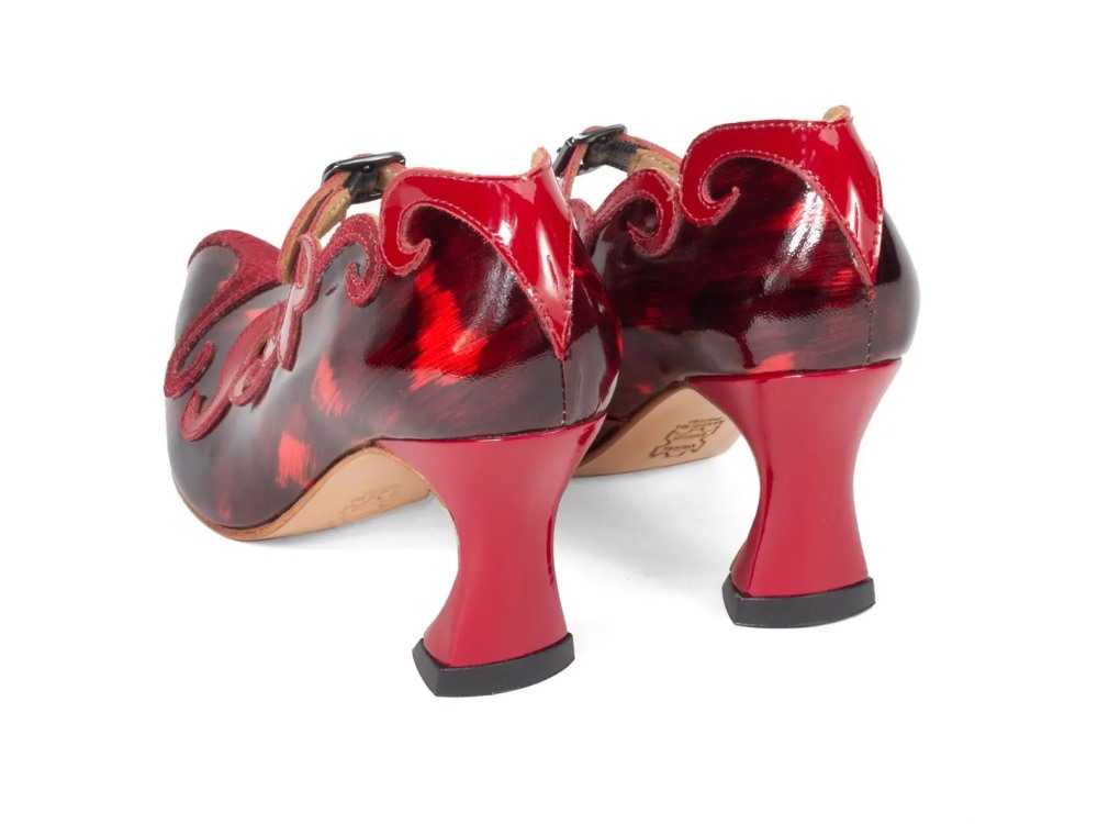 John Fluevog Emmeline - Red/Black | Mary Jane Heels with Appliqué
