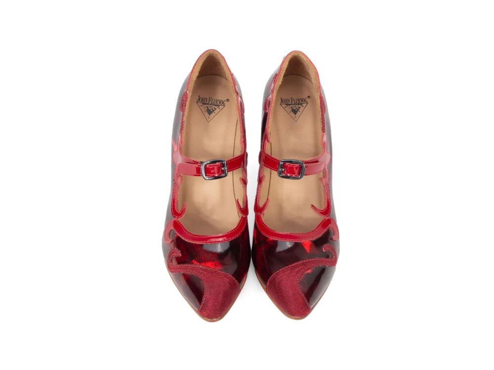 John Fluevog Emmeline - Red/Black | Mary Jane Heels with Appliqué