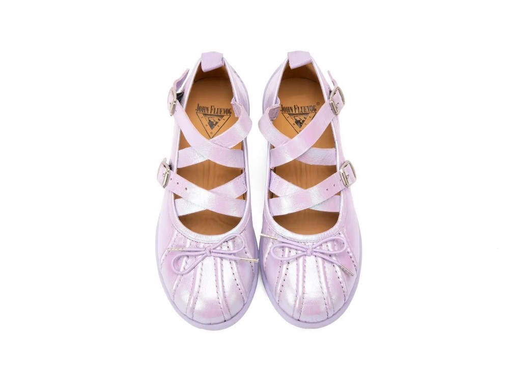 John Fluevog Freight - Iridescent Purple | Strappy Flats With Bow
