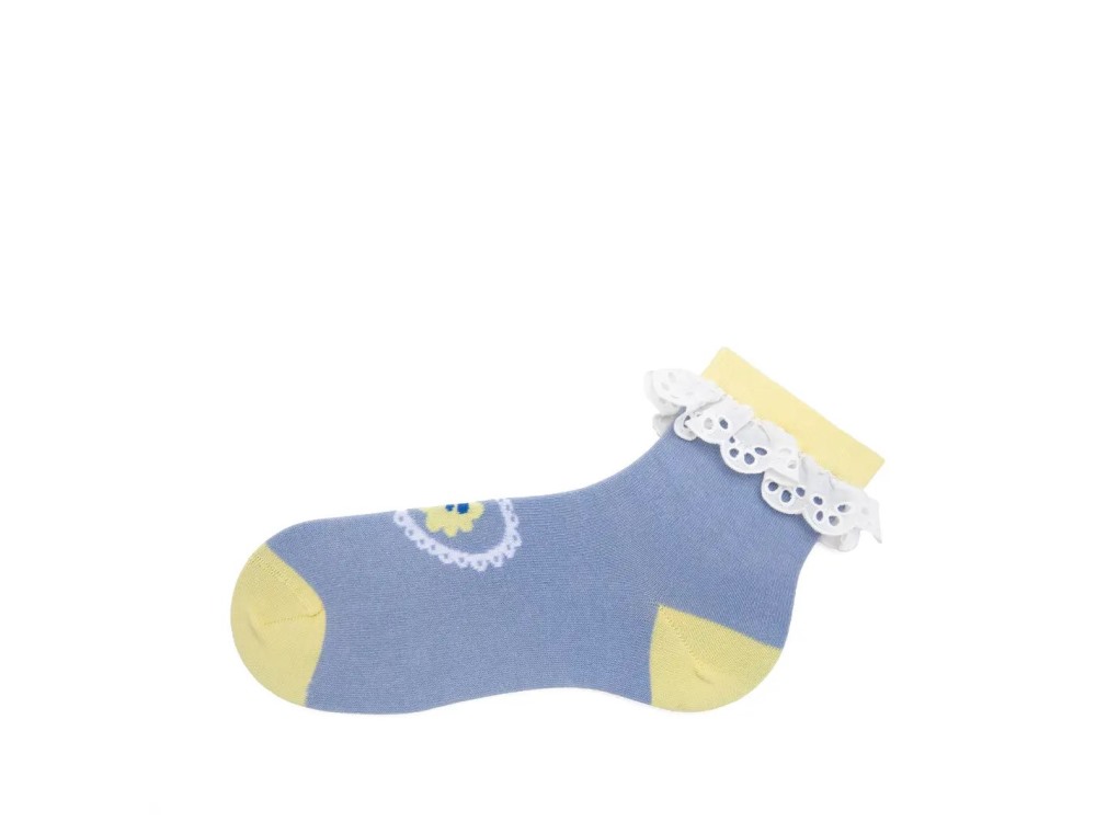 John Fluevog Ashley Lynn Vog Socks - Light Blue/Yellow | Cute Lace Cuff Socks