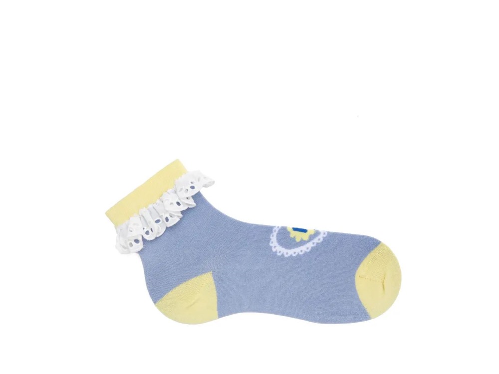 John Fluevog Ashley Lynn Vog Socks - Light Blue/Yellow | Cute Lace Cuff Socks