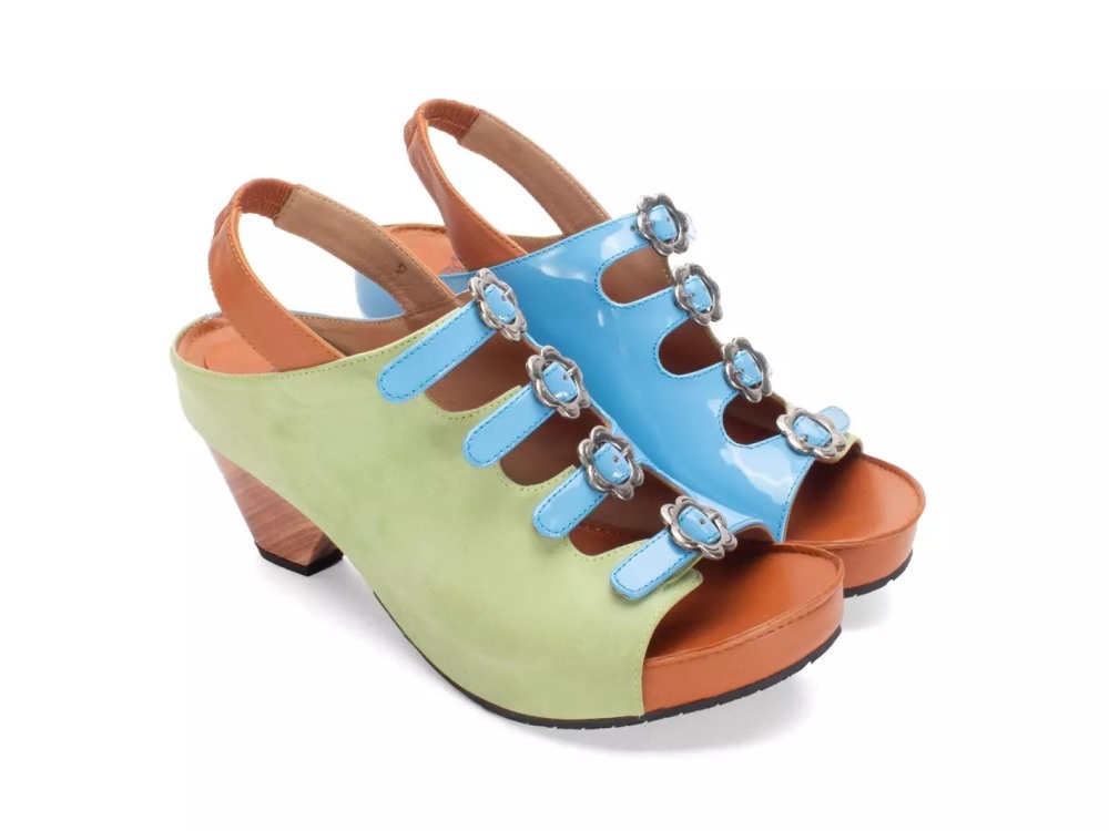 John Fluevog Lexi - Green/Light Blue/Brown | Multi-Buckle Slingback Shoes