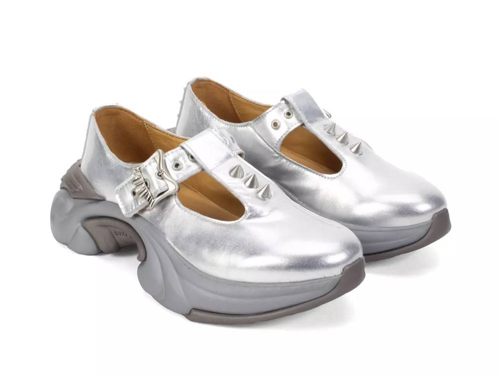 John Fluevog Sparky - Silver | Spiked T-Strap Sneakers