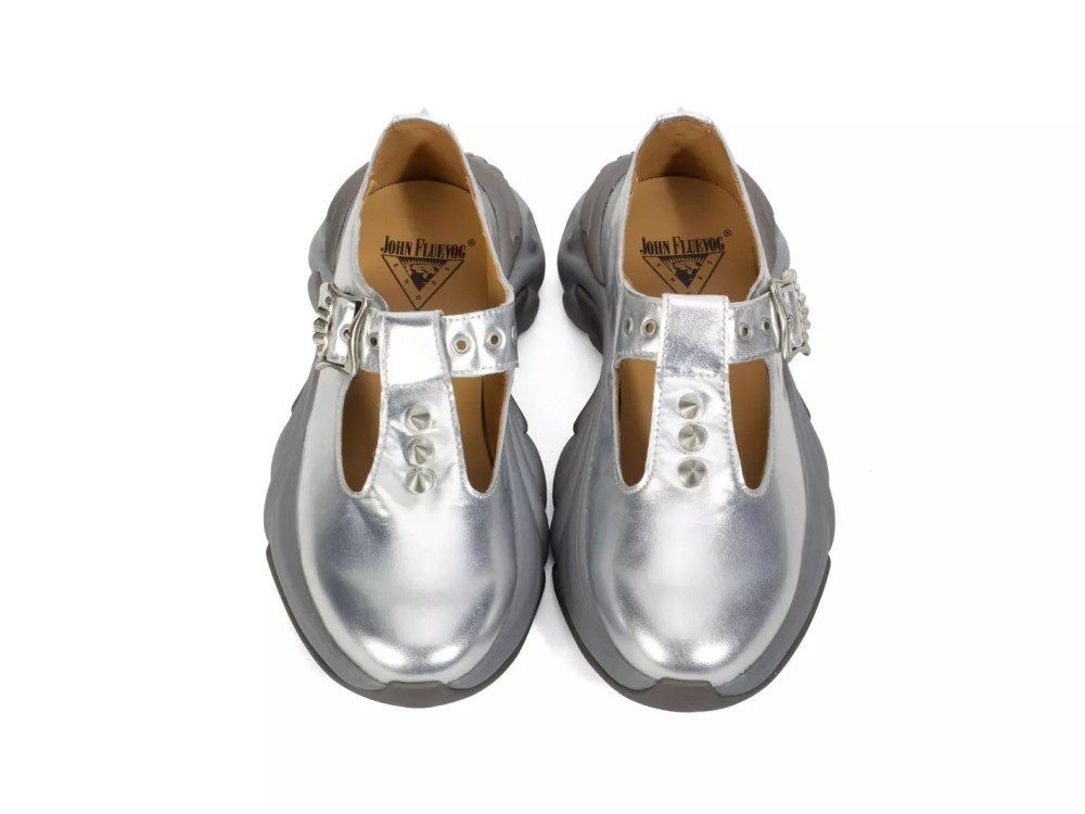 John Fluevog Sparky - Silver | Spiked T-Strap Sneakers