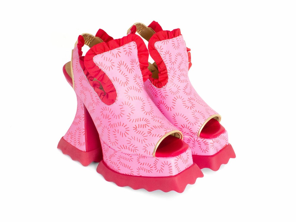 John Fluevog Ruffle Lady Miss - Pink/Red Dash | Platform Slingback Sandals