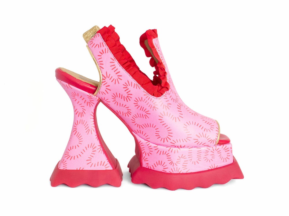 John Fluevog Ruffle Lady Miss - Pink/Red Dash | Platform Slingback Sandals