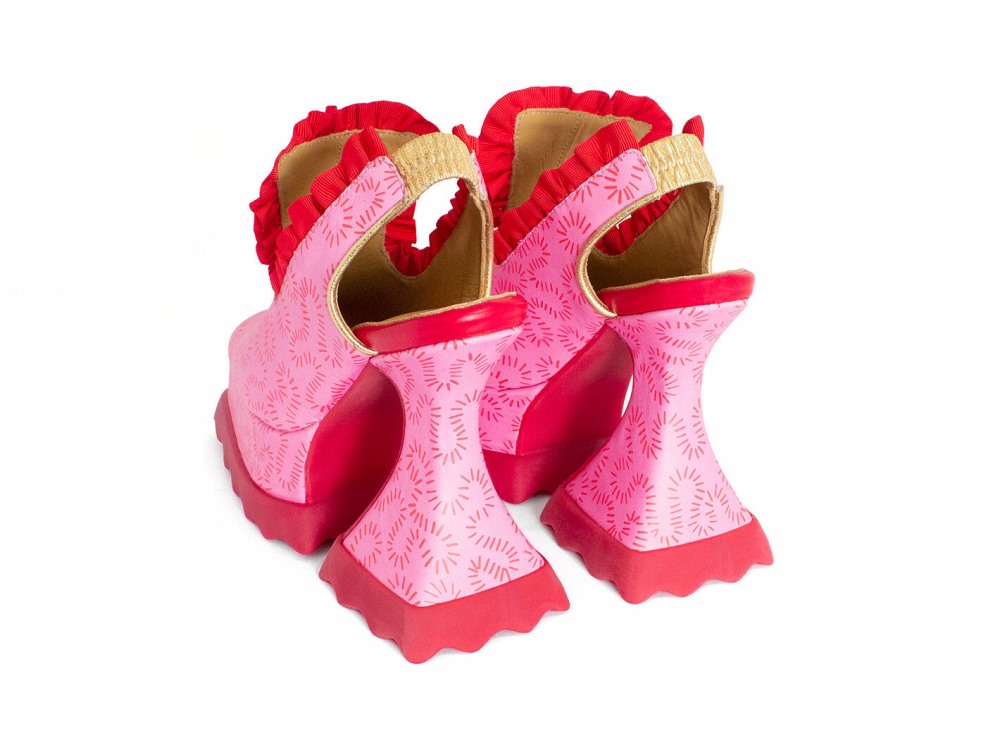 John Fluevog Ruffle Lady Miss - Pink/Red Dash | Platform Slingback Sandals