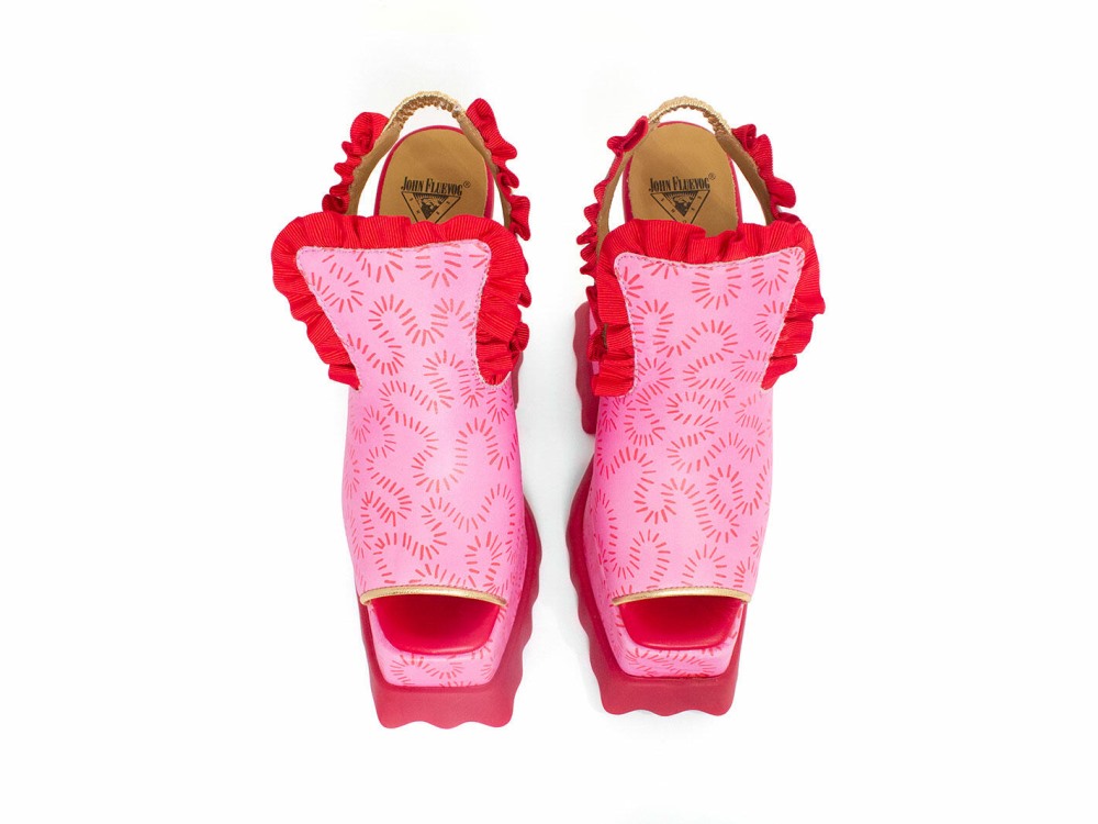 John Fluevog Ruffle Lady Miss - Pink/Red Dash | Platform Slingback Sandals