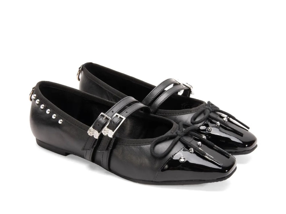 John Fluevog Pina - Black | Double-Strap Flats with Metal Studs