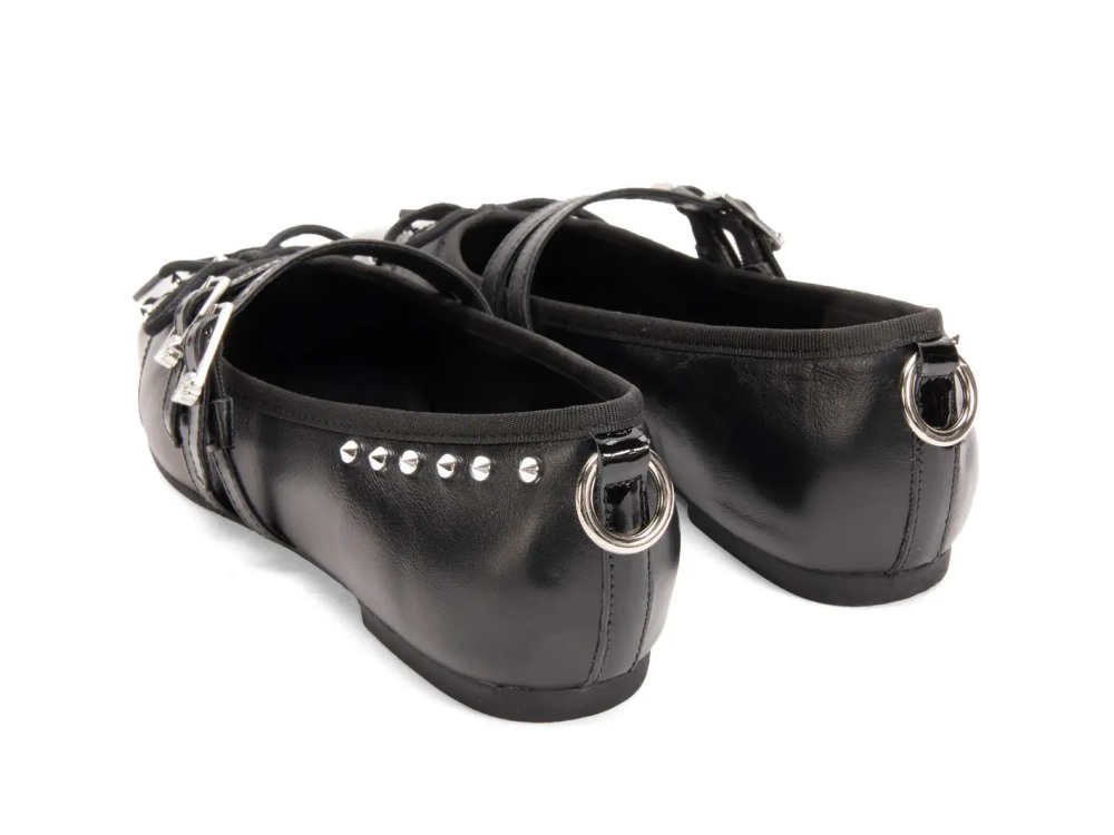John Fluevog Pina - Black | Double-Strap Flats with Metal Studs