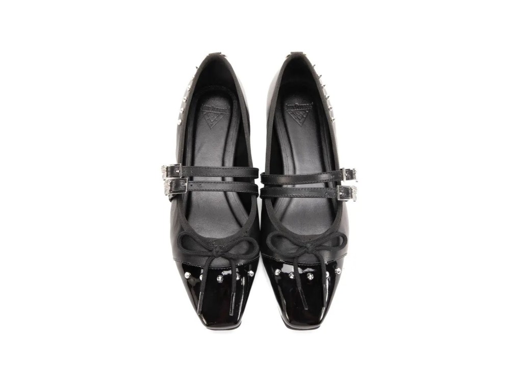 John Fluevog Pina - Black | Double-Strap Flats with Metal Studs