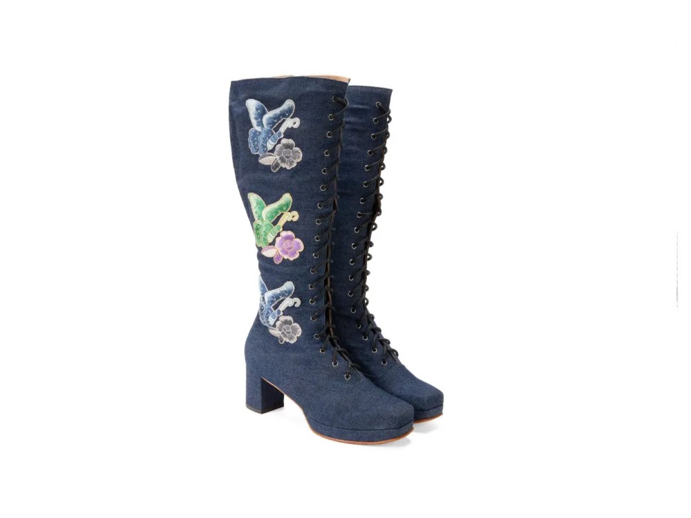 John Fluevog Chrysalis - Blue Denim | Zip-Up Tall Boot with Laces