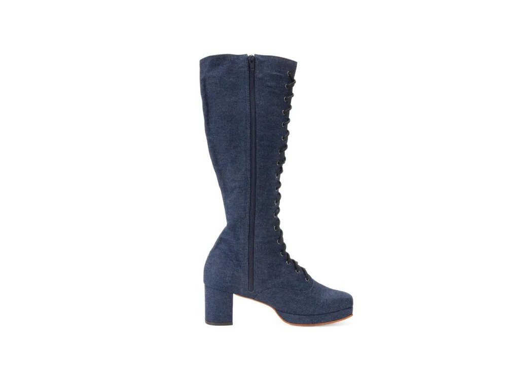 John Fluevog Chrysalis - Blue Denim | Zip-Up Tall Boot with Laces